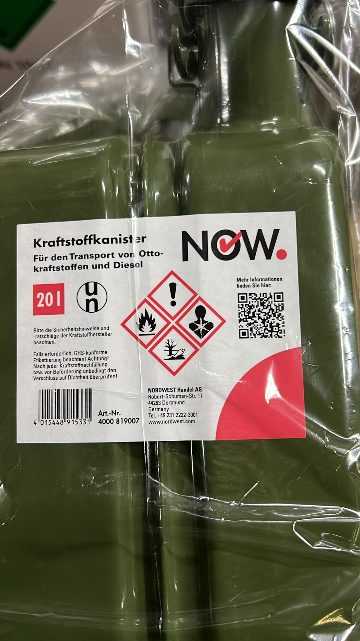 NOW Kraftstoffkanister 20l / Olivgrün / Stahlblech 8 mm